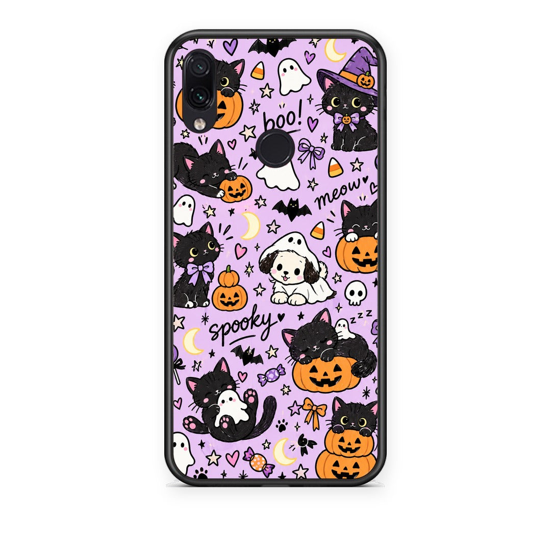 Θήκη Xiaomi Redmi Note 7 Halloween Black Cats on Lilac από τη Smartfits με σχέδιο στο πίσω μέρος και μαύρο περίβλημα | Xiaomi Redmi Note 7 Halloween Black Cats on Lilac case with colorful back and black bezels