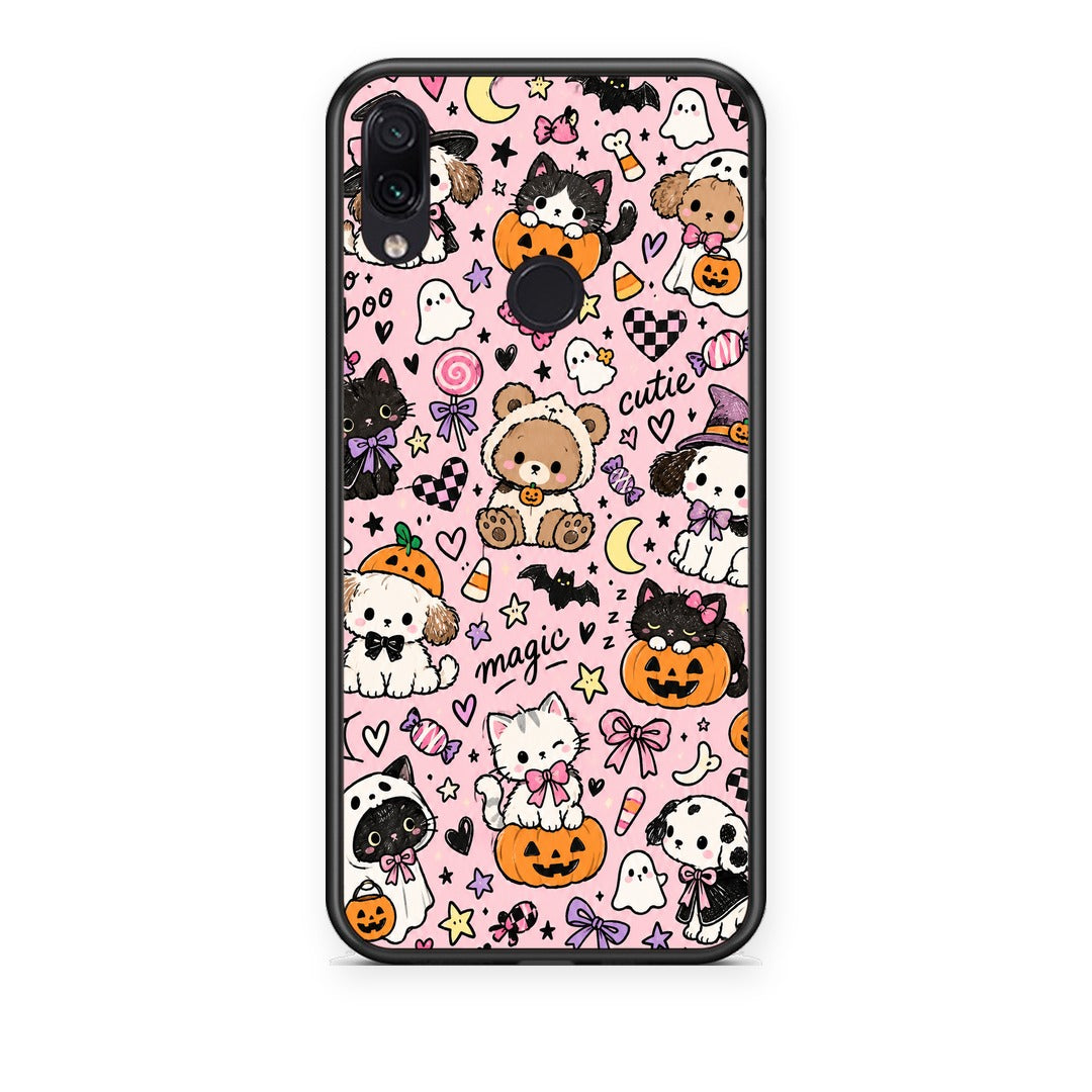 Θήκη Xiaomi Redmi Note 7 Halloween Cute Animals on Pink από τη Smartfits με σχέδιο στο πίσω μέρος και μαύρο περίβλημα | Xiaomi Redmi Note 7 Halloween Cute Animals on Pink case with colorful back and black bezels