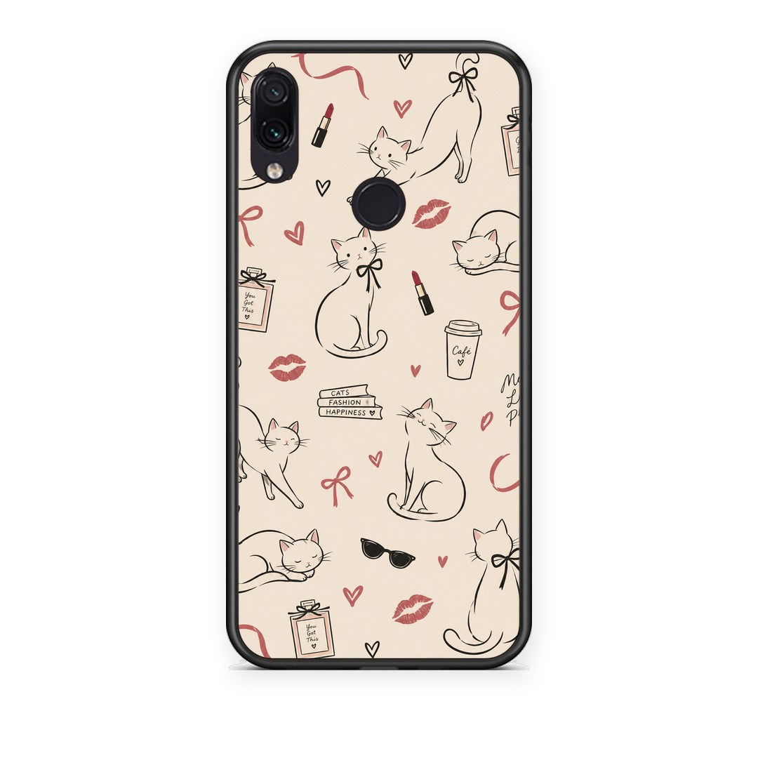 Θήκη Xiaomi Redmi Note 7 Minimal Cat and Fashion Doodles on Cream από τη Smartfits με σχέδιο στο πίσω μέρος και μαύρο περίβλημα | Xiaomi Redmi Note 7 Minimal Cat and Fashion Doodles on Cream case with colorful back and black bezels