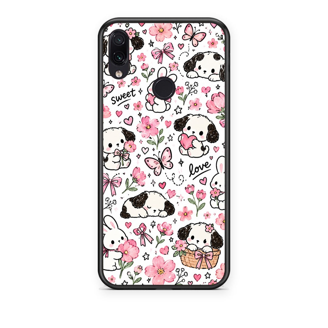 Θήκη Xiaomi Redmi Note 7 Pink Florals Puppies and Bunnies on White από τη Smartfits με σχέδιο στο πίσω μέρος και μαύρο περίβλημα | Xiaomi Redmi Note 7 Pink Florals Puppies and Bunnies on White case with colorful back and black bezels