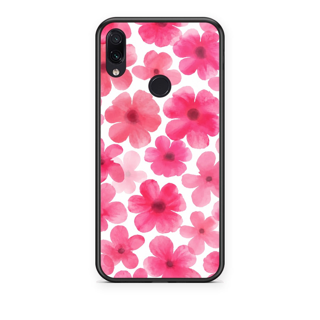 Θήκη Xiaomi Redmi Note 7 Pink Watercolour Flowers on White από τη Smartfits με σχέδιο στο πίσω μέρος και μαύρο περίβλημα | Xiaomi Redmi Note 7 Pink Watercolour Flowers on White case with colorful back and black bezels