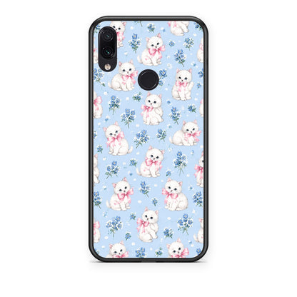 Θήκη Xiaomi Redmi Note 7 White Kittens and Blue Flowers Small από τη Smartfits με σχέδιο στο πίσω μέρος και μαύρο περίβλημα | Xiaomi Redmi Note 7 White Kittens and Blue Flowers Small case with colorful back and black bezels