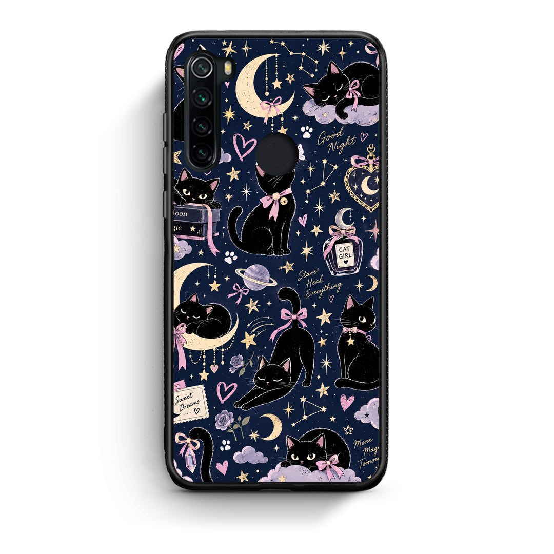 Θήκη Xiaomi Redmi Note 8 Celestial Black Cats on Navy από τη Smartfits με σχέδιο στο πίσω μέρος και μαύρο περίβλημα | Xiaomi Redmi Note 8 Celestial Black Cats on Navy case with colorful back and black bezels