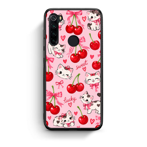 Θήκη Xiaomi Redmi Note 8 Cherries Bows and Kittens on Pink από τη Smartfits με σχέδιο στο πίσω μέρος και μαύρο περίβλημα | Xiaomi Redmi Note 8 Cherries Bows and Kittens on Pink case with colorful back and black bezels