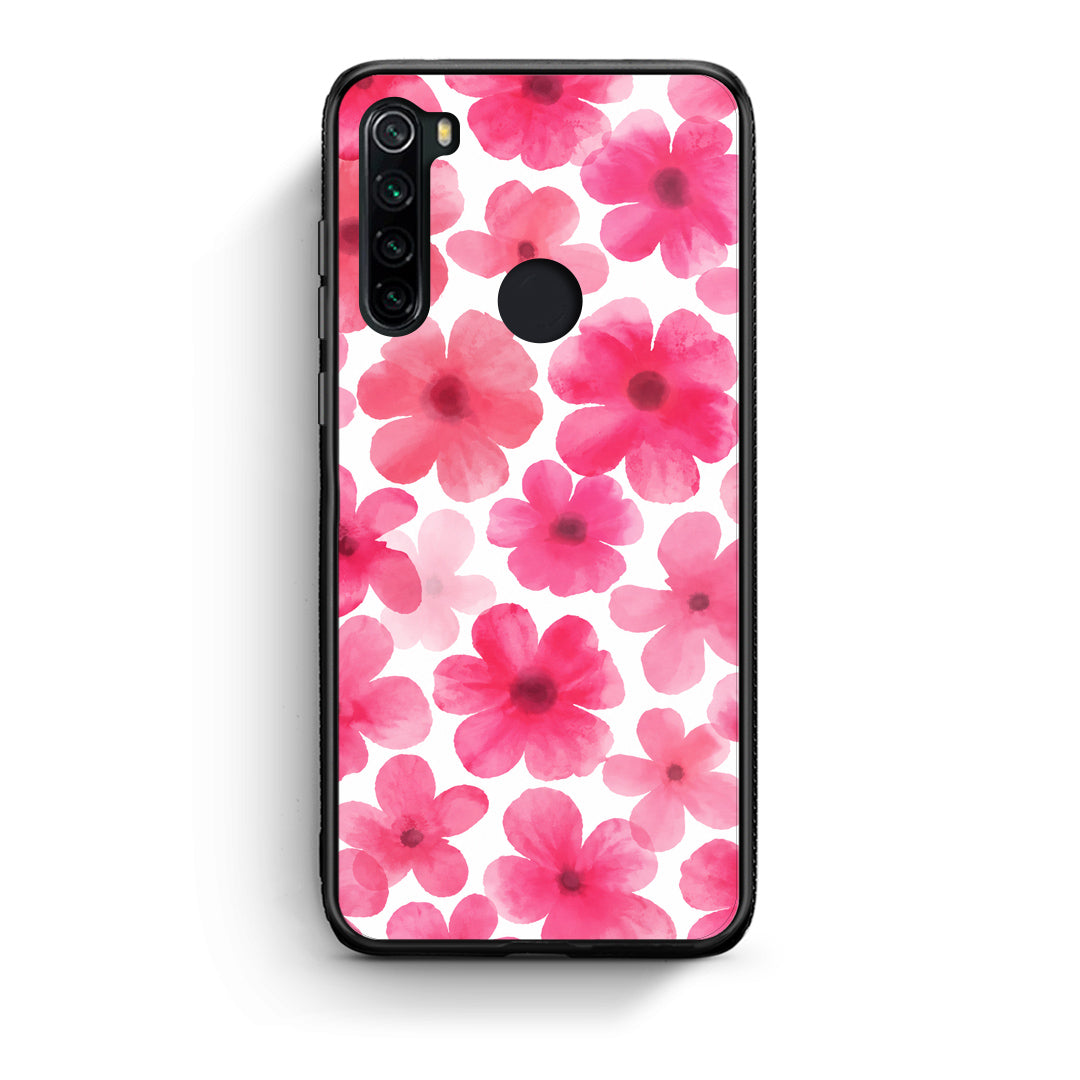 Θήκη Xiaomi Redmi Note 8 Pink Watercolour Flowers on White από τη Smartfits με σχέδιο στο πίσω μέρος και μαύρο περίβλημα | Xiaomi Redmi Note 8 Pink Watercolour Flowers on White case with colorful back and black bezels