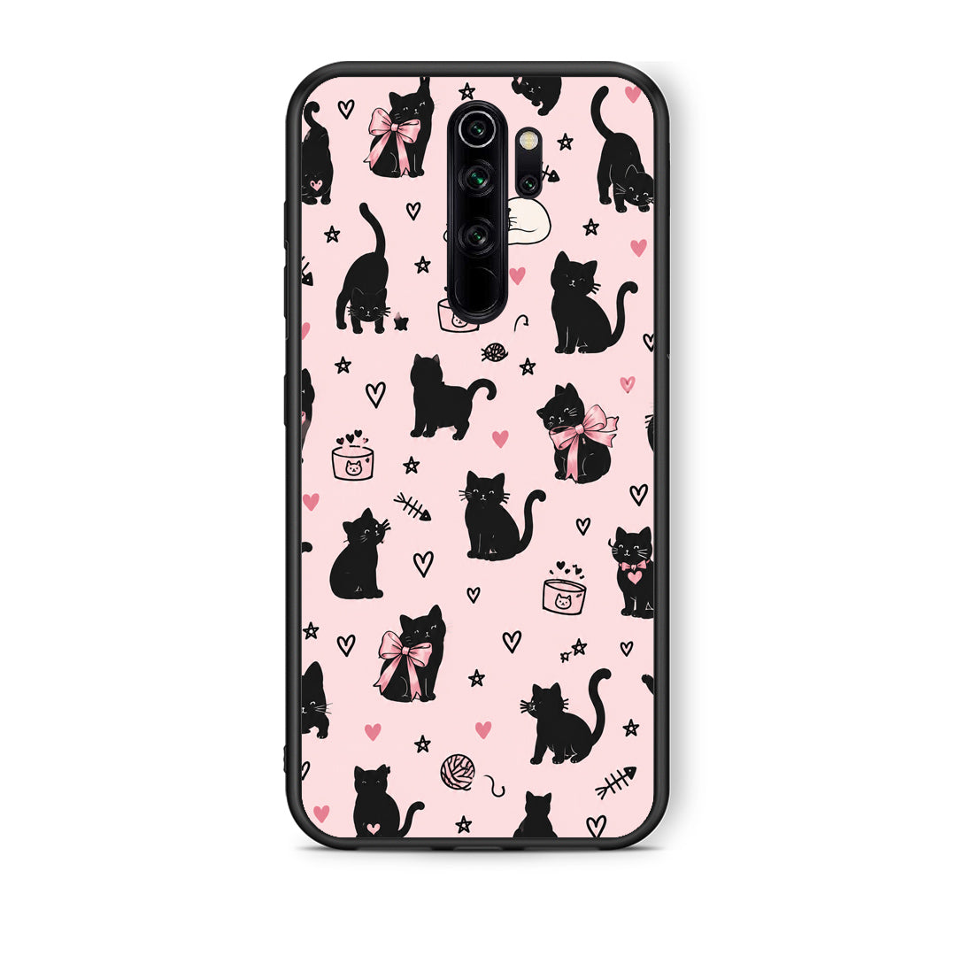Θήκη Xiaomi Redmi Note 8 Pro Black Cat Doodles on Pink από τη Smartfits με σχέδιο στο πίσω μέρος και μαύρο περίβλημα | Xiaomi Redmi Note 8 Pro Black Cat Doodles on Pink case with colorful back and black bezels