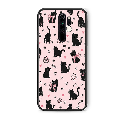 Θήκη Xiaomi Redmi Note 8 Pro Black Cat Doodles on Pink από τη Smartfits με σχέδιο στο πίσω μέρος και μαύρο περίβλημα | Xiaomi Redmi Note 8 Pro Black Cat Doodles on Pink case with colorful back and black bezels