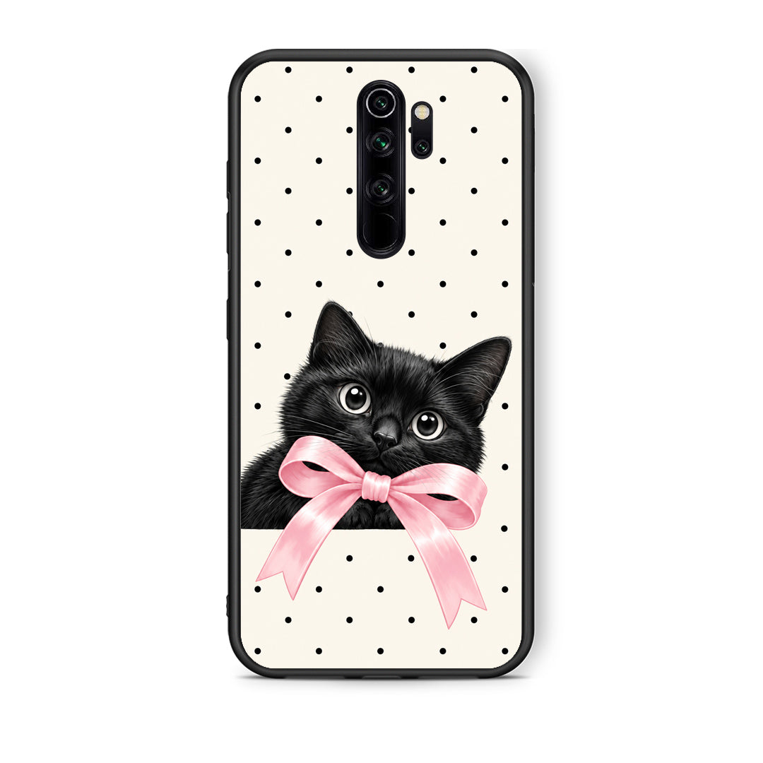 Θήκη Xiaomi Redmi Note 8 Pro Black Kitten Pink Bow and Polka Dots από τη Smartfits με σχέδιο στο πίσω μέρος και μαύρο περίβλημα | Xiaomi Redmi Note 8 Pro Black Kitten Pink Bow and Polka Dots case with colorful back and black bezels