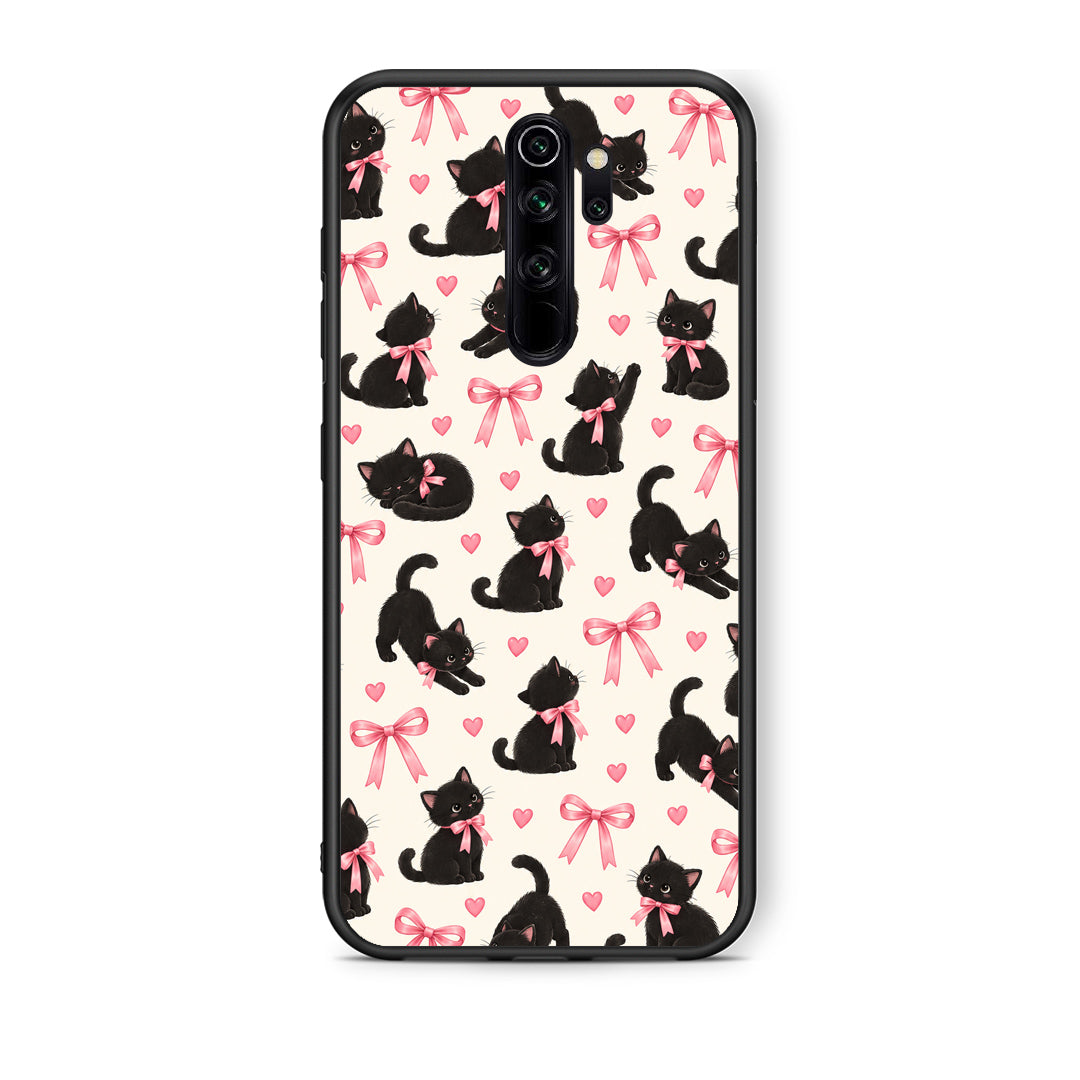Θήκη Xiaomi Redmi Note 8 Pro Black Kittens and Pink Bows on Cream Small από τη Smartfits με σχέδιο στο πίσω μέρος και μαύρο περίβλημα | Xiaomi Redmi Note 8 Pro Black Kittens and Pink Bows on Cream Small case with colorful back and black bezels