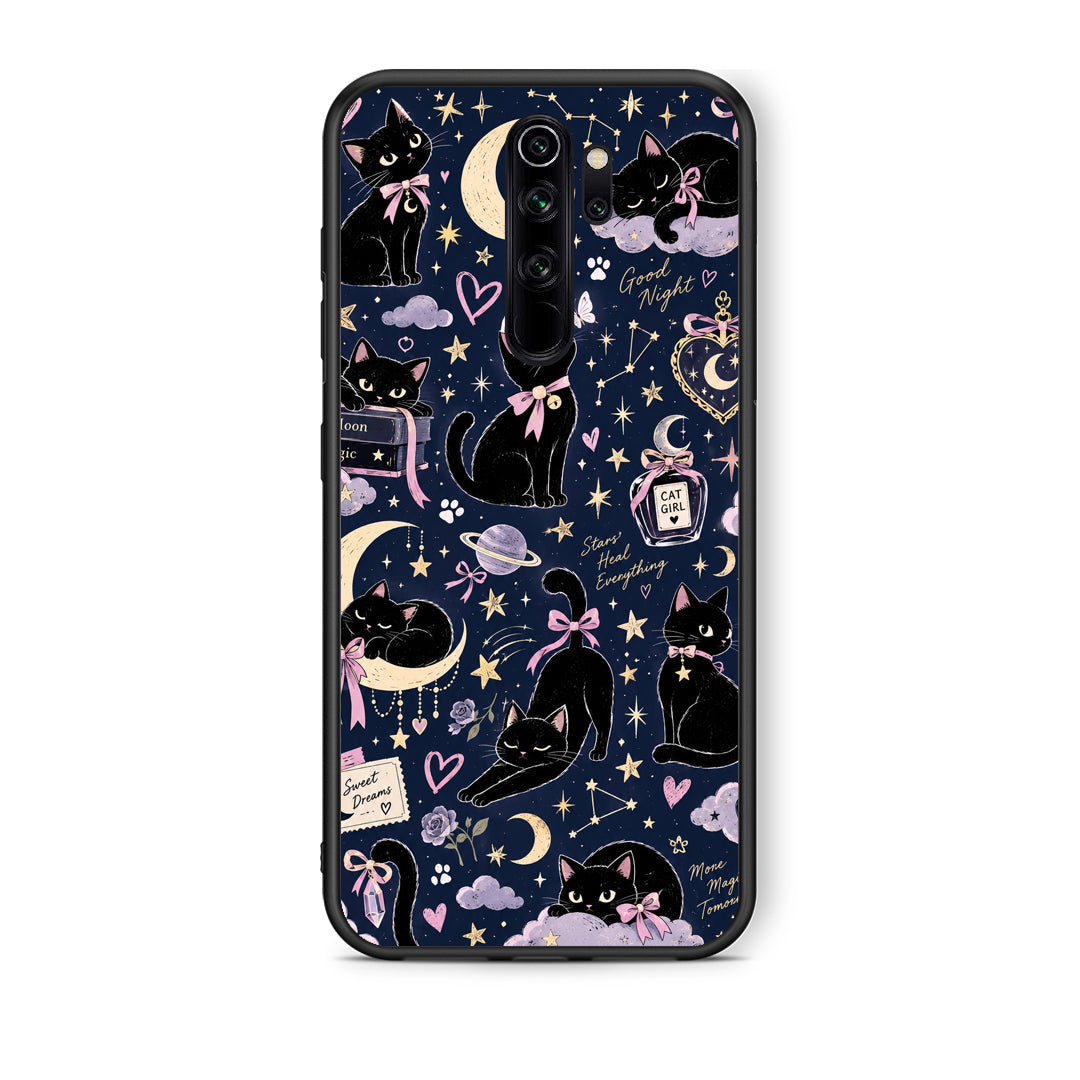 Θήκη Xiaomi Redmi Note 8 Pro Celestial Black Cats on Navy από τη Smartfits με σχέδιο στο πίσω μέρος και μαύρο περίβλημα | Xiaomi Redmi Note 8 Pro Celestial Black Cats on Navy case with colorful back and black bezels