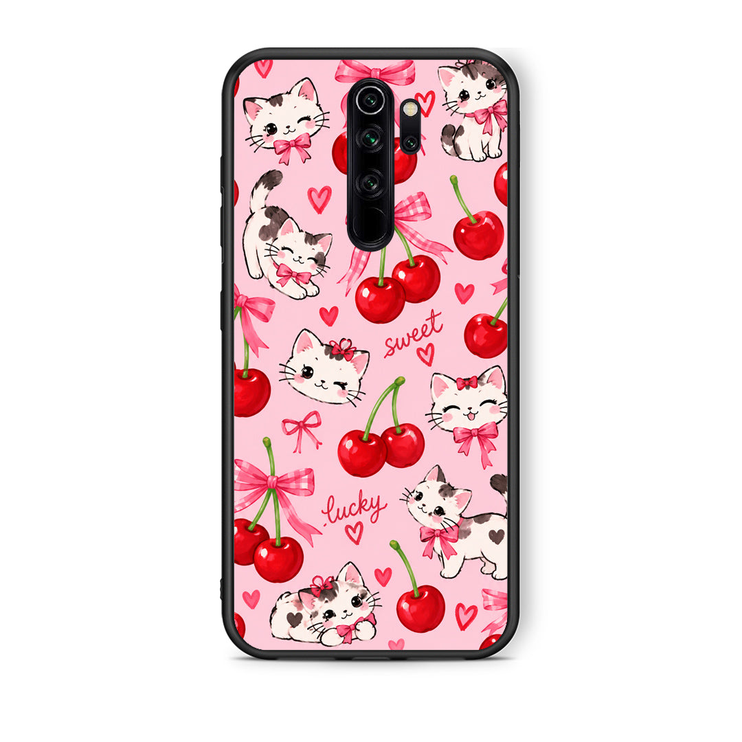Θήκη Xiaomi Redmi Note 8 Pro Cherries Bows and Kittens on Pink από τη Smartfits με σχέδιο στο πίσω μέρος και μαύρο περίβλημα | Xiaomi Redmi Note 8 Pro Cherries Bows and Kittens on Pink case with colorful back and black bezels