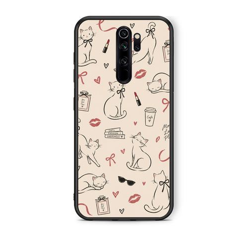 Θήκη Xiaomi Redmi Note 8 Pro Minimal Cat and Fashion Doodles on Cream από τη Smartfits με σχέδιο στο πίσω μέρος και μαύρο περίβλημα | Xiaomi Redmi Note 8 Pro Minimal Cat and Fashion Doodles on Cream case with colorful back and black bezels