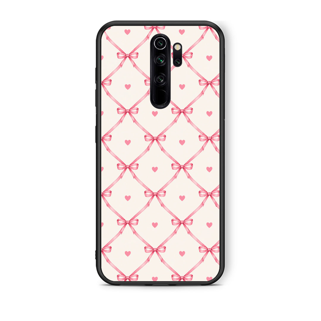 Θήκη Xiaomi Redmi Note 8 Pro Pink Bow Lattice and Hearts on Cream από τη Smartfits με σχέδιο στο πίσω μέρος και μαύρο περίβλημα | Xiaomi Redmi Note 8 Pro Pink Bow Lattice and Hearts on Cream case with colorful back and black bezels