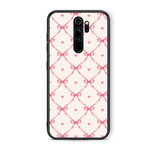 Θήκη Xiaomi Redmi Note 8 Pro Pink Bow Lattice and Hearts on Cream από τη Smartfits με σχέδιο στο πίσω μέρος και μαύρο περίβλημα | Xiaomi Redmi Note 8 Pro Pink Bow Lattice and Hearts on Cream case with colorful back and black bezels