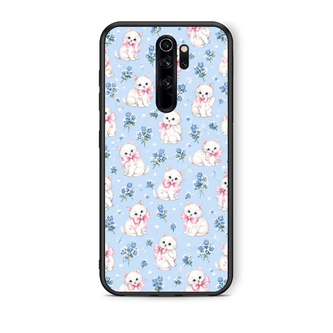 Θήκη Xiaomi Redmi Note 8 Pro White Kittens and Blue Flowers Small από τη Smartfits με σχέδιο στο πίσω μέρος και μαύρο περίβλημα | Xiaomi Redmi Note 8 Pro White Kittens and Blue Flowers Small case with colorful back and black bezels