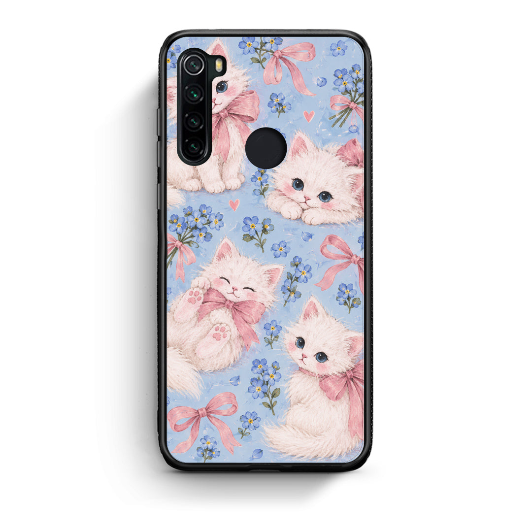 Θήκη Xiaomi Redmi Note 8 White Kittens and Blue Flowers Large από τη Smartfits με σχέδιο στο πίσω μέρος και μαύρο περίβλημα | Xiaomi Redmi Note 8 White Kittens and Blue Flowers Large case with colorful back and black bezels