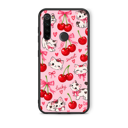 Θήκη Xiaomi Redmi Note 8T Cherries Bows and Kittens on Pink από τη Smartfits με σχέδιο στο πίσω μέρος και μαύρο περίβλημα | Xiaomi Redmi Note 8T Cherries Bows and Kittens on Pink case with colorful back and black bezels
