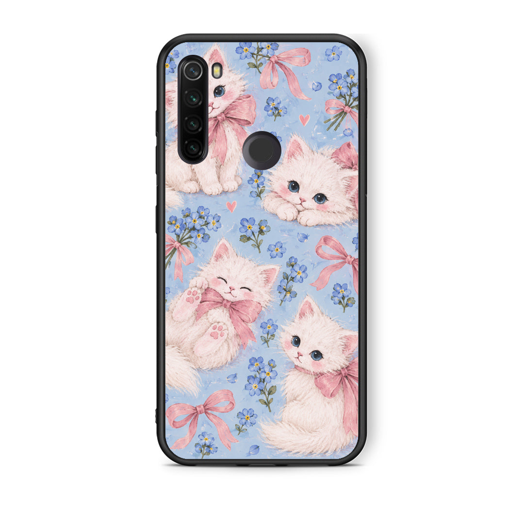 Θήκη Xiaomi Redmi Note 8T White Kittens and Blue Flowers Large από τη Smartfits με σχέδιο στο πίσω μέρος και μαύρο περίβλημα | Xiaomi Redmi Note 8T White Kittens and Blue Flowers Large case with colorful back and black bezels