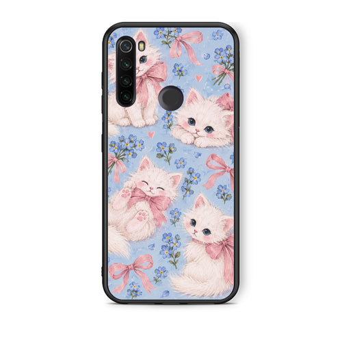 Θήκη Xiaomi Redmi Note 8T White Kittens and Blue Flowers Large από τη Smartfits με σχέδιο στο πίσω μέρος και μαύρο περίβλημα | Xiaomi Redmi Note 8T White Kittens and Blue Flowers Large case with colorful back and black bezels