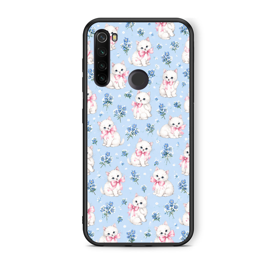 Θήκη Xiaomi Redmi Note 8T White Kittens and Blue Flowers Small από τη Smartfits με σχέδιο στο πίσω μέρος και μαύρο περίβλημα | Xiaomi Redmi Note 8T White Kittens and Blue Flowers Small case with colorful back and black bezels