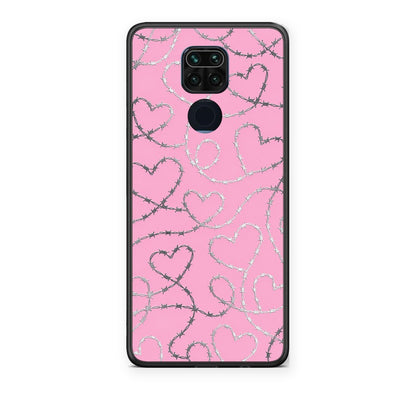 Θήκη Xiaomi Redmi Note 9 Barbed Wire Hearts on Pink από τη Smartfits με σχέδιο στο πίσω μέρος και μαύρο περίβλημα | Xiaomi Redmi Note 9 Barbed Wire Hearts on Pink case with colorful back and black bezels