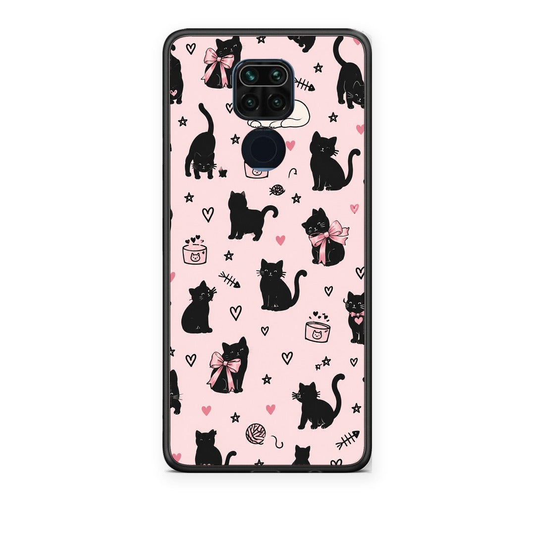 Θήκη Xiaomi Redmi Note 9 Black Cat Doodles on Pink από τη Smartfits με σχέδιο στο πίσω μέρος και μαύρο περίβλημα | Xiaomi Redmi Note 9 Black Cat Doodles on Pink case with colorful back and black bezels