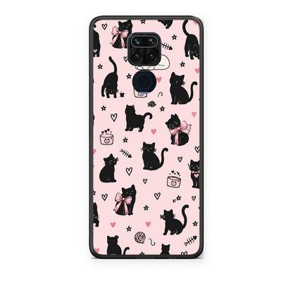 Θήκη Xiaomi Redmi Note 9 Black Cat Doodles on Pink από τη Smartfits με σχέδιο στο πίσω μέρος και μαύρο περίβλημα | Xiaomi Redmi Note 9 Black Cat Doodles on Pink case with colorful back and black bezels