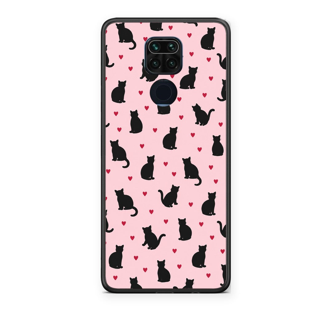 Θήκη Xiaomi Redmi Note 9 Black Cat Silhouettes and Hearts on Pink από τη Smartfits με σχέδιο στο πίσω μέρος και μαύρο περίβλημα | Xiaomi Redmi Note 9 Black Cat Silhouettes and Hearts on Pink case with colorful back and black bezels