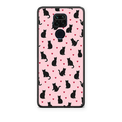 Θήκη Xiaomi Redmi Note 9 Black Cat Silhouettes and Hearts on Pink από τη Smartfits με σχέδιο στο πίσω μέρος και μαύρο περίβλημα | Xiaomi Redmi Note 9 Black Cat Silhouettes and Hearts on Pink case with colorful back and black bezels