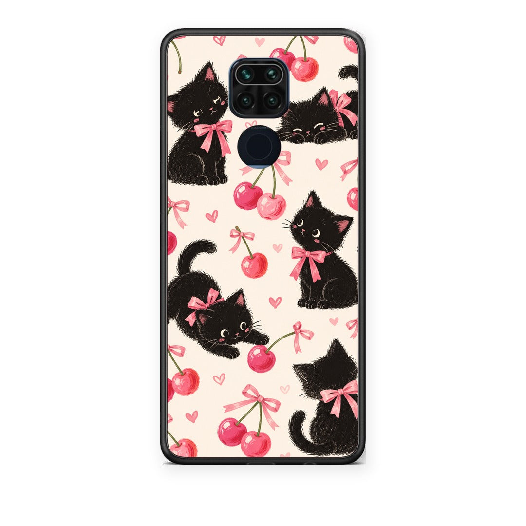 Θήκη Xiaomi Redmi Note 9 Black Kittens and Cherries on Cream από τη Smartfits με σχέδιο στο πίσω μέρος και μαύρο περίβλημα | Xiaomi Redmi Note 9 Black Kittens and Cherries on Cream case with colorful back and black bezels