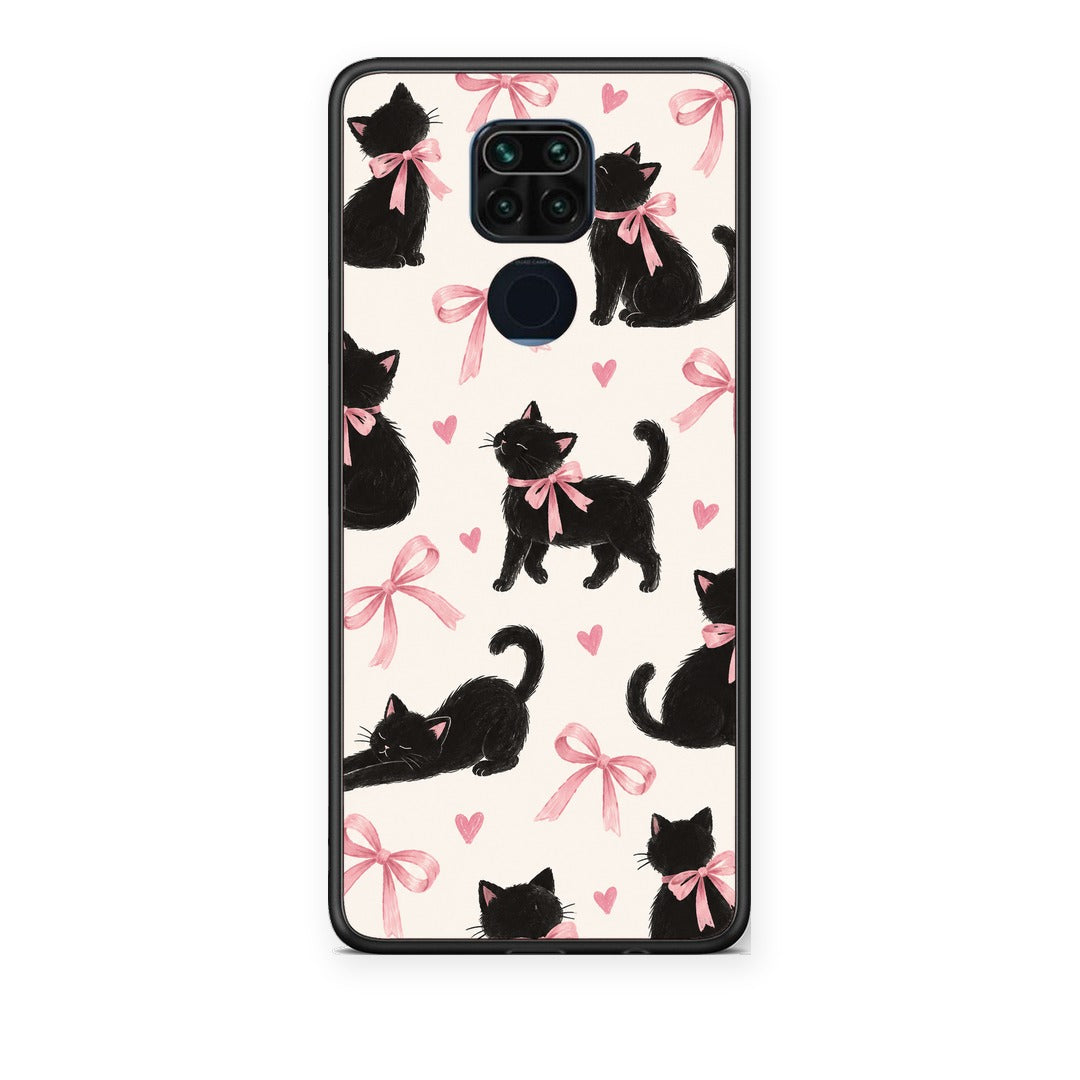 Θήκη Xiaomi Redmi Note 9 Black Kittens and Pink Bows on Cream Large από τη Smartfits με σχέδιο στο πίσω μέρος και μαύρο περίβλημα | Xiaomi Redmi Note 9 Black Kittens and Pink Bows on Cream Large case with colorful back and black bezels