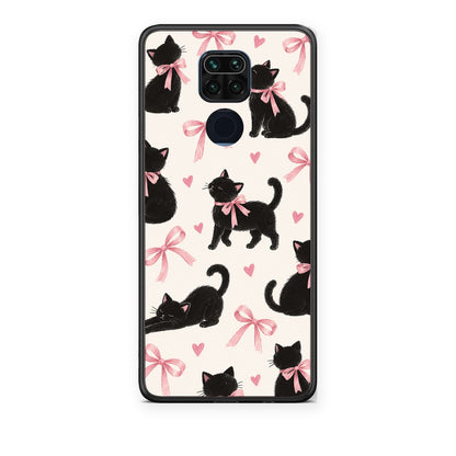 Θήκη Xiaomi Redmi Note 9 Black Kittens and Pink Bows on Cream Large από τη Smartfits με σχέδιο στο πίσω μέρος και μαύρο περίβλημα | Xiaomi Redmi Note 9 Black Kittens and Pink Bows on Cream Large case with colorful back and black bezels