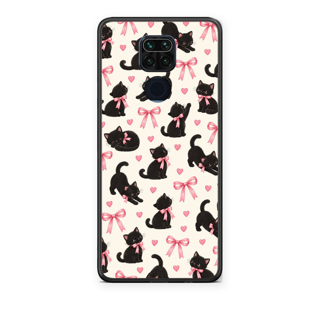 Θήκη Xiaomi Redmi Note 9 Black Kittens and Pink Bows on Cream Small από τη Smartfits με σχέδιο στο πίσω μέρος και μαύρο περίβλημα | Xiaomi Redmi Note 9 Black Kittens and Pink Bows on Cream Small case with colorful back and black bezels