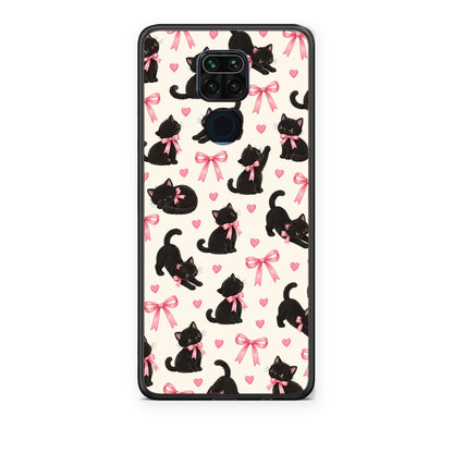 Θήκη Xiaomi Redmi Note 9 Black Kittens and Pink Bows on Cream Small από τη Smartfits με σχέδιο στο πίσω μέρος και μαύρο περίβλημα | Xiaomi Redmi Note 9 Black Kittens and Pink Bows on Cream Small case with colorful back and black bezels
