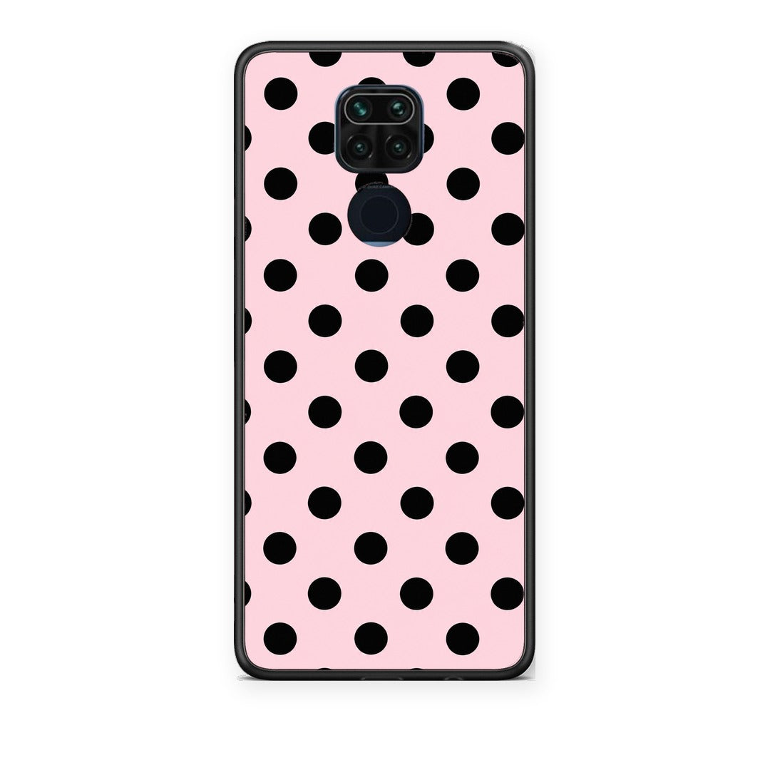 Θήκη Xiaomi Redmi Note 9 Black Polka Dots on Pink από τη Smartfits με σχέδιο στο πίσω μέρος και μαύρο περίβλημα | Xiaomi Redmi Note 9 Black Polka Dots on Pink case with colorful back and black bezels