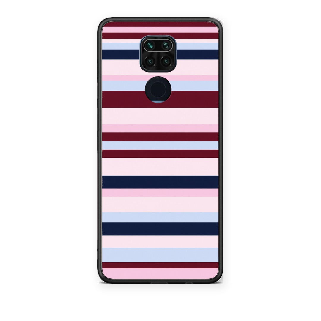 Θήκη Xiaomi Redmi Note 9 Burgundy Pink and Blue Horizontal Stripes από τη Smartfits με σχέδιο στο πίσω μέρος και μαύρο περίβλημα | Xiaomi Redmi Note 9 Burgundy Pink and Blue Horizontal Stripes case with colorful back and black bezels