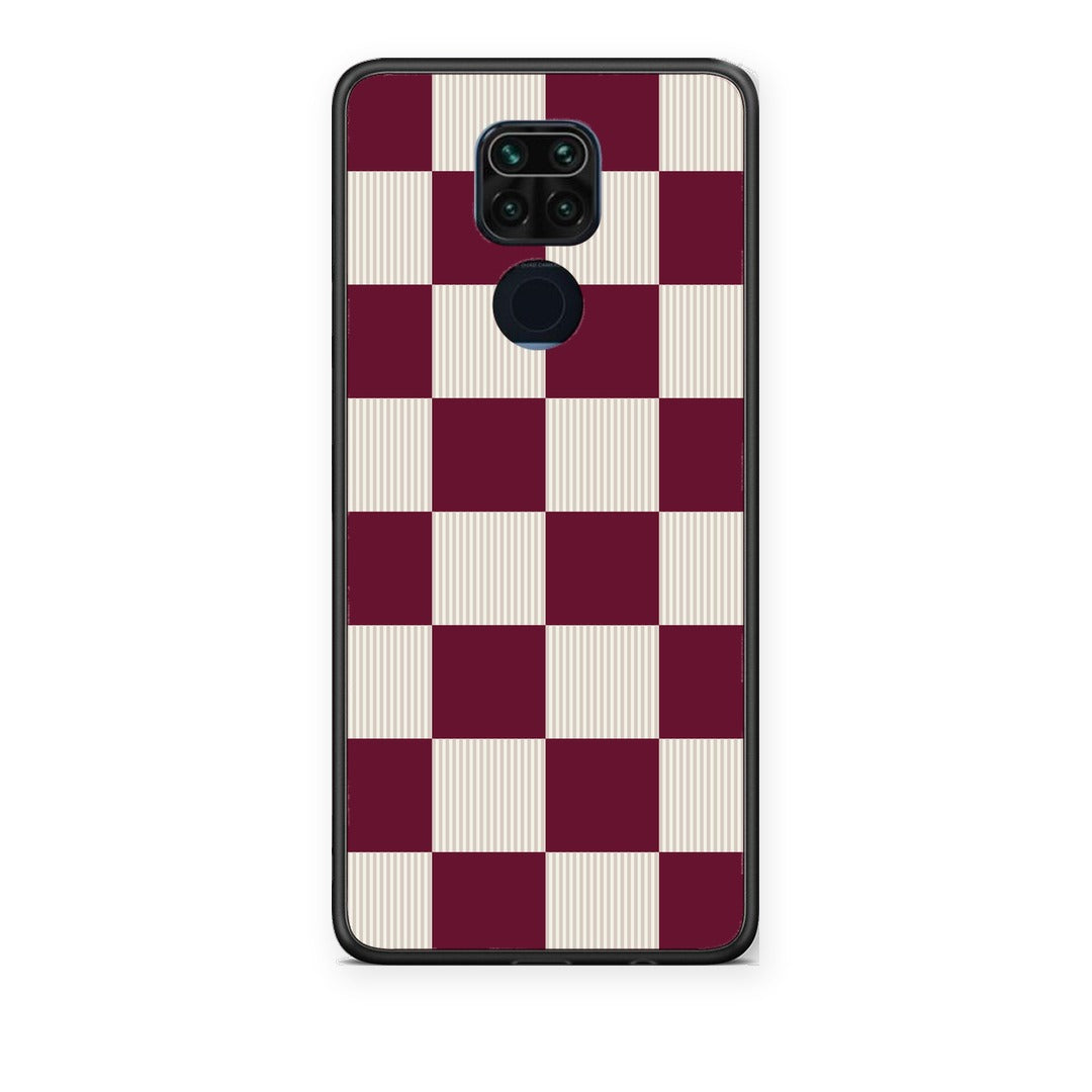 Θήκη Xiaomi Redmi Note 9 Burgundy and Cream Striped Checks από τη Smartfits με σχέδιο στο πίσω μέρος και μαύρο περίβλημα | Xiaomi Redmi Note 9 Burgundy and Cream Striped Checks case with colorful back and black bezels