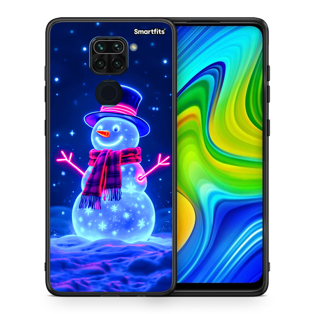 Θήκη Xiaomi Redmi Note 9 Christmas Neon Snowman από τη Smartfits με σχέδιο στο πίσω μέρος και μαύρο περίβλημα | Xiaomi Redmi Note 9 Christmas Neon Snowman case with colorful back and black bezels