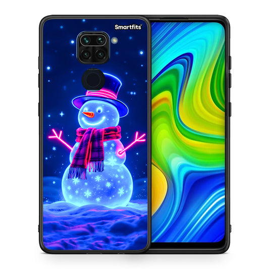 Θήκη Xiaomi Redmi Note 9 Christmas Neon Snowman από τη Smartfits με σχέδιο στο πίσω μέρος και μαύρο περίβλημα | Xiaomi Redmi Note 9 Christmas Neon Snowman case with colorful back and black bezels