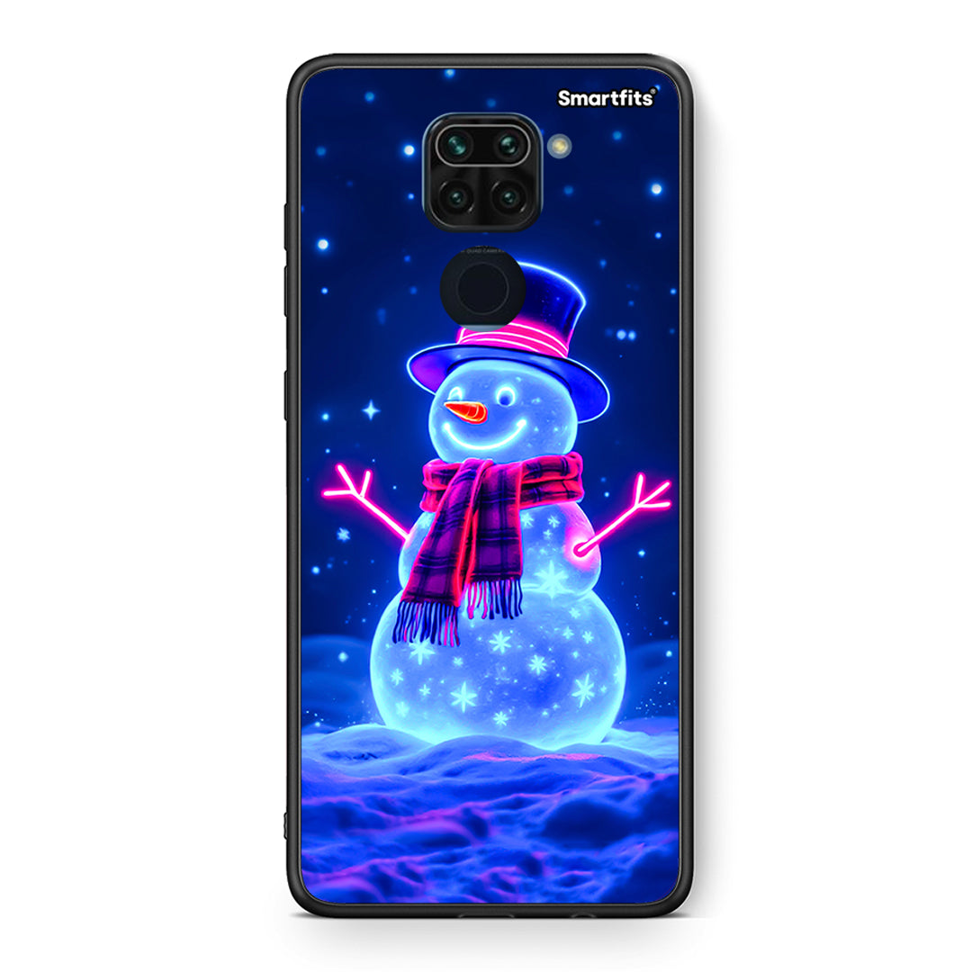 Θήκη Xiaomi Redmi Note 9 Christmas Neon Snowman από τη Smartfits με σχέδιο στο πίσω μέρος και μαύρο περίβλημα | Xiaomi Redmi Note 9 Christmas Neon Snowman case with colorful back and black bezels