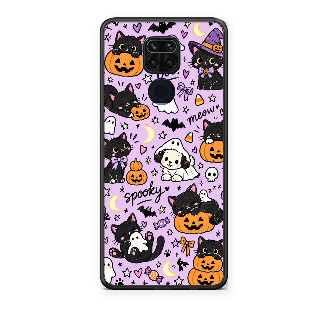 Θήκη Xiaomi Redmi Note 9 Halloween Black Cats on Lilac από τη Smartfits με σχέδιο στο πίσω μέρος και μαύρο περίβλημα | Xiaomi Redmi Note 9 Halloween Black Cats on Lilac case with colorful back and black bezels