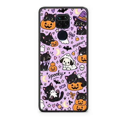 Θήκη Xiaomi Redmi Note 9 Halloween Black Cats on Lilac από τη Smartfits με σχέδιο στο πίσω μέρος και μαύρο περίβλημα | Xiaomi Redmi Note 9 Halloween Black Cats on Lilac case with colorful back and black bezels