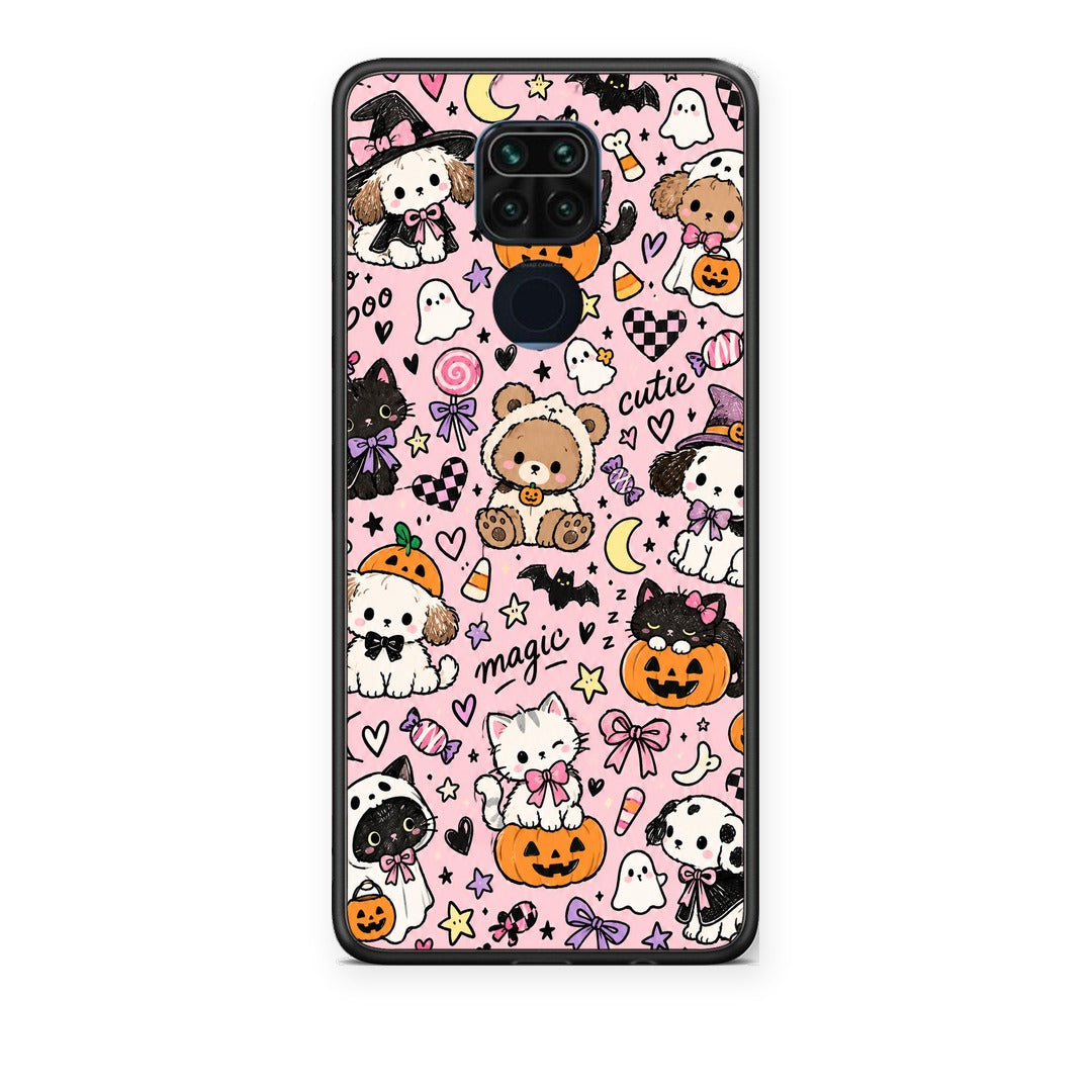 Θήκη Xiaomi Redmi Note 9 Halloween Cute Animals on Pink από τη Smartfits με σχέδιο στο πίσω μέρος και μαύρο περίβλημα | Xiaomi Redmi Note 9 Halloween Cute Animals on Pink case with colorful back and black bezels