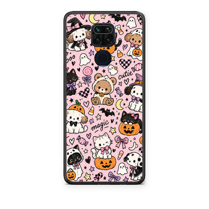 Θήκη Xiaomi Redmi Note 9 Halloween Cute Animals on Pink από τη Smartfits με σχέδιο στο πίσω μέρος και μαύρο περίβλημα | Xiaomi Redmi Note 9 Halloween Cute Animals on Pink case with colorful back and black bezels
