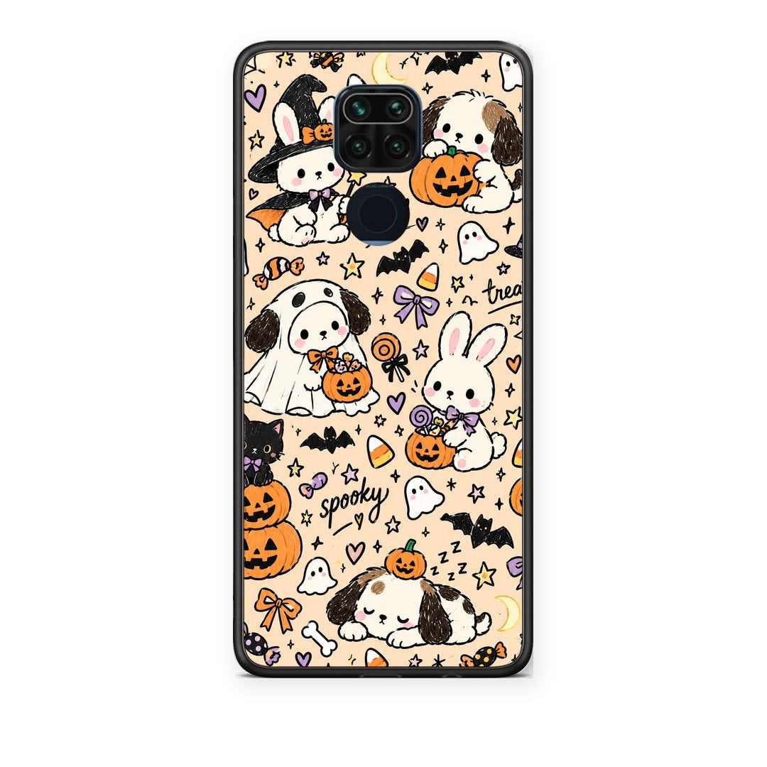 Θήκη Xiaomi Redmi Note 9 Halloween Puppies and Friends on Cream από τη Smartfits με σχέδιο στο πίσω μέρος και μαύρο περίβλημα | Xiaomi Redmi Note 9 Halloween Puppies and Friends on Cream case with colorful back and black bezels