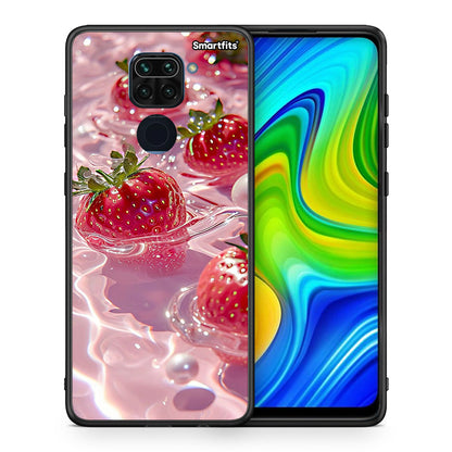 Θήκη Xiaomi Redmi Note 9 Juicy Strawberries από τη Smartfits με σχέδιο στο πίσω μέρος και μαύρο περίβλημα | Xiaomi Redmi Note 9 Juicy Strawberries case with colorful back and black bezels