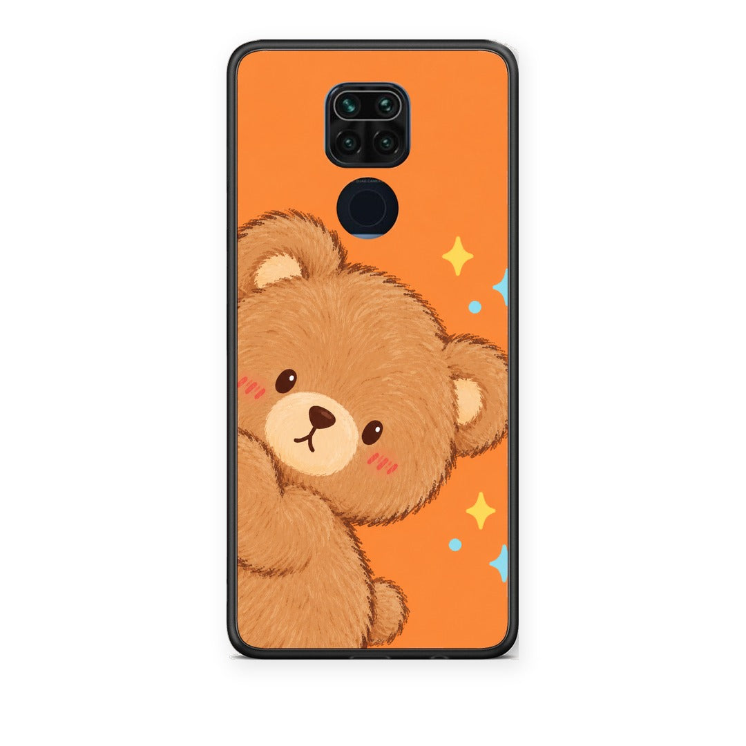 Θήκη Xiaomi Redmi Note 9 Peekaboo Teddy on Orange από τη Smartfits με σχέδιο στο πίσω μέρος και μαύρο περίβλημα | Xiaomi Redmi Note 9 Peekaboo Teddy on Orange case with colorful back and black bezels