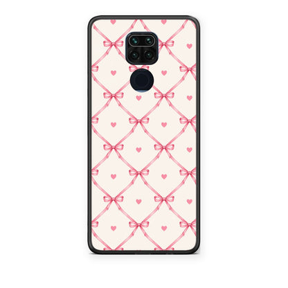 Θήκη Xiaomi Redmi Note 9 Pink Bow Lattice and Hearts on Cream από τη Smartfits με σχέδιο στο πίσω μέρος και μαύρο περίβλημα | Xiaomi Redmi Note 9 Pink Bow Lattice and Hearts on Cream case with colorful back and black bezels