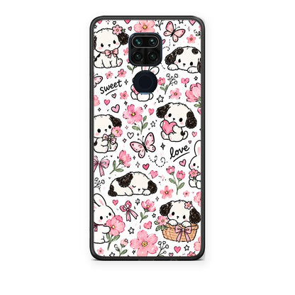 Θήκη Xiaomi Redmi Note 9 Pink Florals Puppies and Bunnies on White από τη Smartfits με σχέδιο στο πίσω μέρος και μαύρο περίβλημα | Xiaomi Redmi Note 9 Pink Florals Puppies and Bunnies on White case with colorful back and black bezels