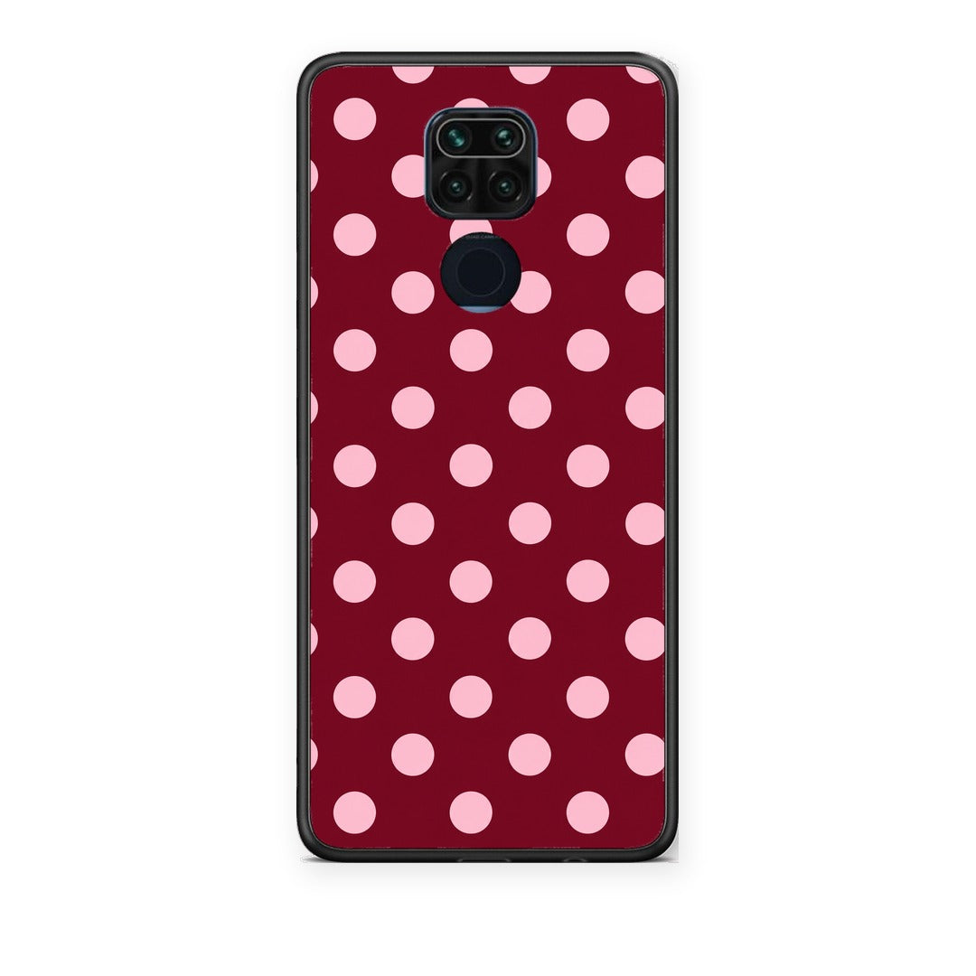 Θήκη Xiaomi Redmi Note 9 Pink Polka Dots on Burgundy από τη Smartfits με σχέδιο στο πίσω μέρος και μαύρο περίβλημα | Xiaomi Redmi Note 9 Pink Polka Dots on Burgundy case with colorful back and black bezels